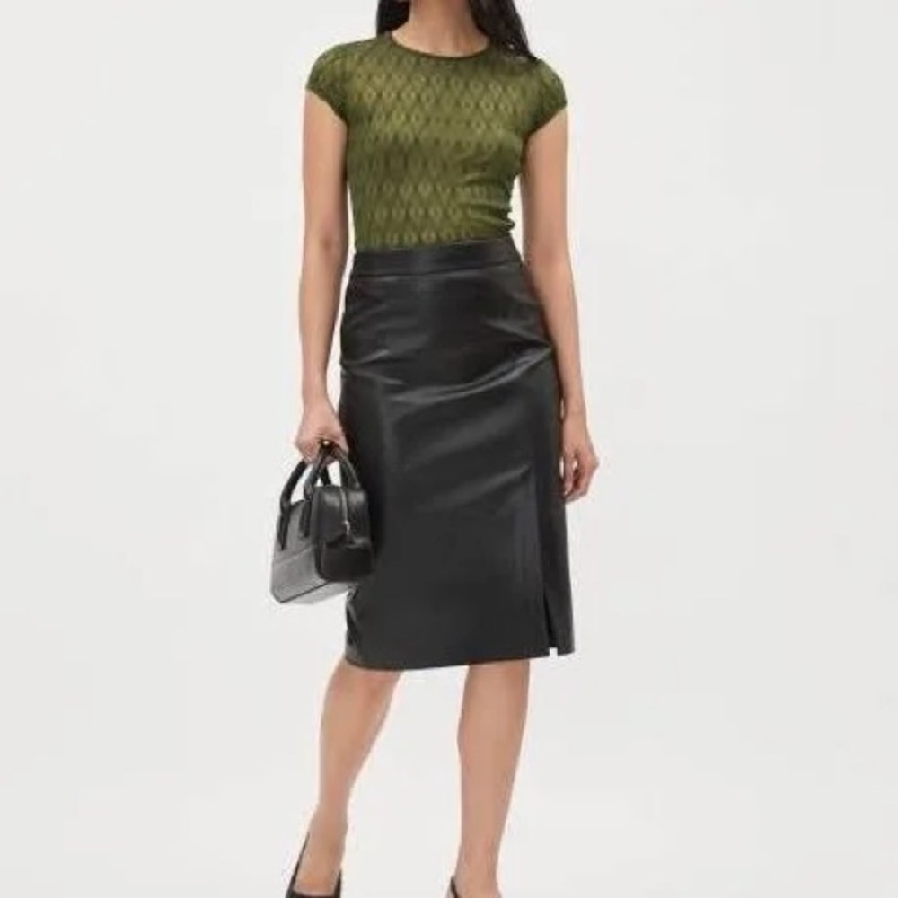98-Vintage Genuine Lamb Leather Black Pencil Skirt Classic High-Waist Timeless